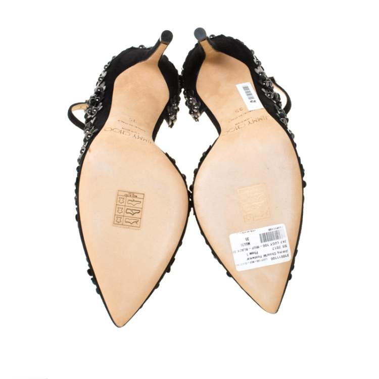 Pre Owned Jimmy Choo Black Floral Applique Suede Lucy Pointed Toe D'orsay Pumps Size 35