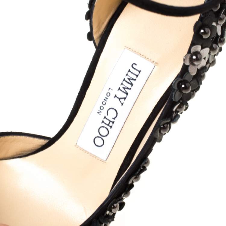 Pre Owned Jimmy Choo Black Floral Applique Suede Lucy Pointed Toe D'orsay Pumps Size 35