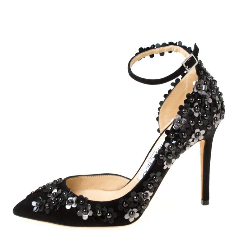 Pre Owned Jimmy Choo Black Floral Applique Suede Lucy Pointed Toe D'orsay Pumps Size 35