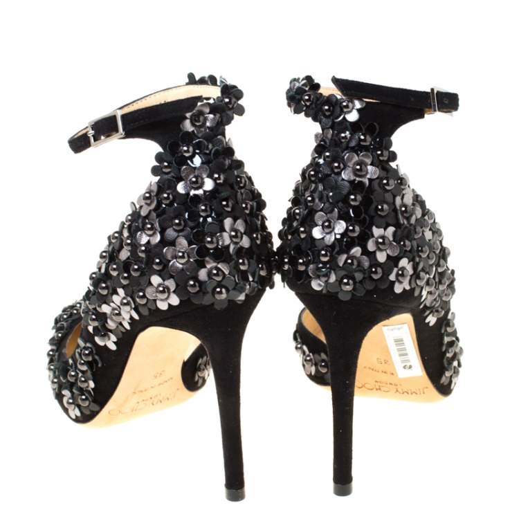Pre Owned Jimmy Choo Black Floral Applique Suede Lucy Pointed Toe D'orsay Pumps Size 35