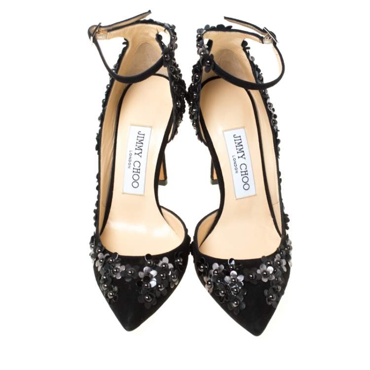 Pre Owned Jimmy Choo Black Floral Applique Suede Lucy Pointed Toe D'orsay Pumps Size 35