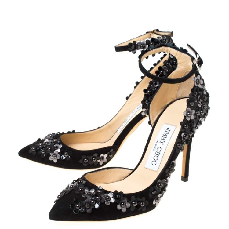 Pre Owned Jimmy Choo Black Floral Applique Suede Lucy Pointed Toe D'orsay Pumps Size 35