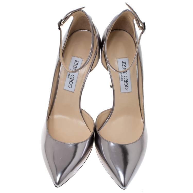 Pre Owned Jimmy Choo Silver Leather Lucy Ankle Strap Pointed Toe D'orsay Pumps Size 41