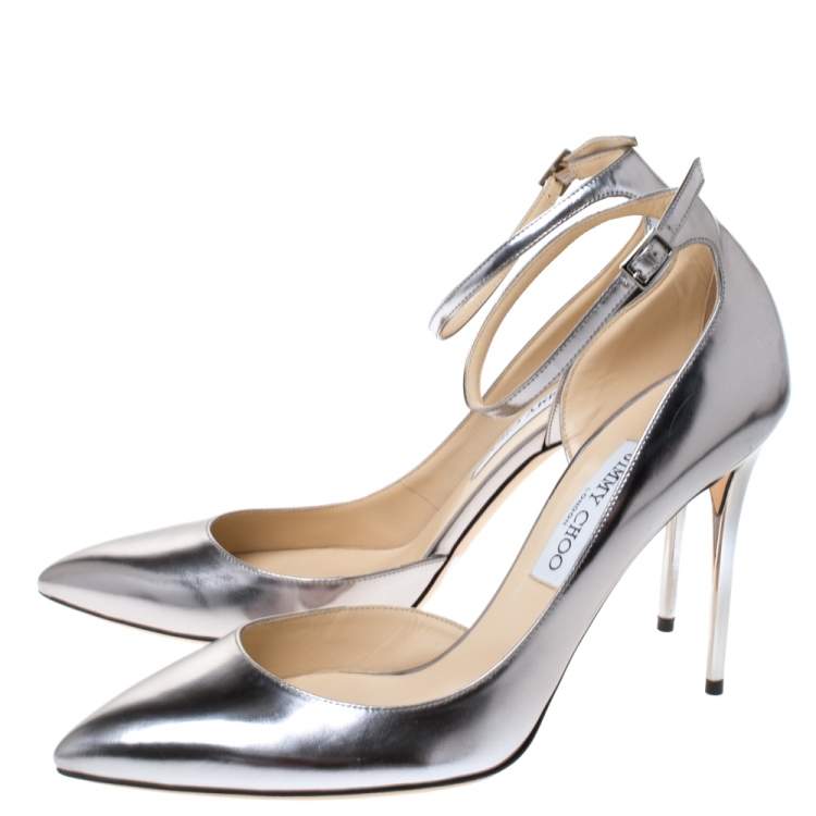 Pre Owned Jimmy Choo Silver Leather Lucy Ankle Strap Pointed Toe D'orsay Pumps Size 41