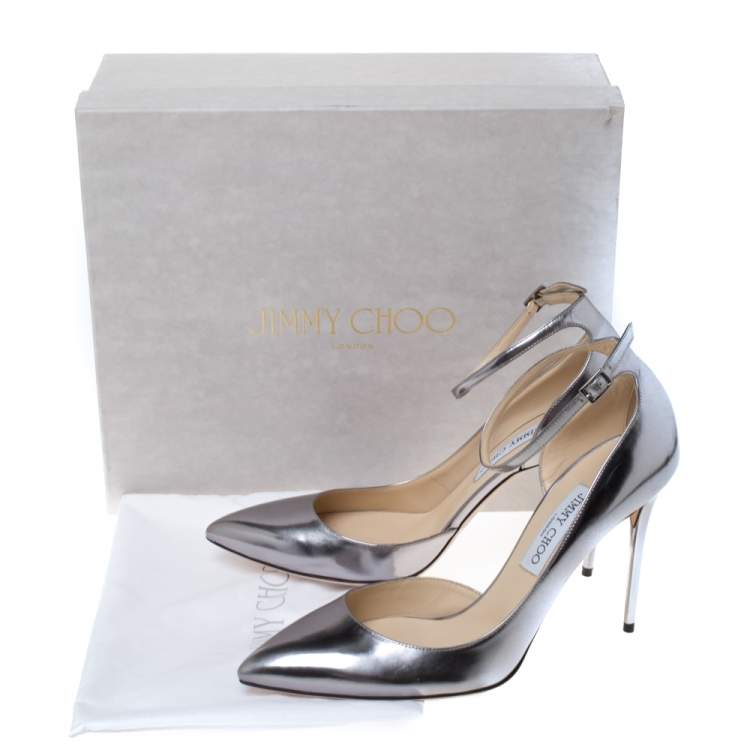Pre Owned Jimmy Choo Silver Leather Lucy Ankle Strap Pointed Toe D'orsay Pumps Size 41