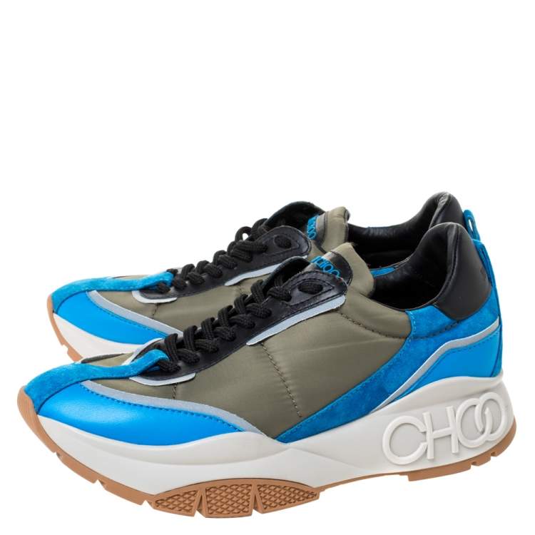 Pre Owned Jimmy Choo Green/Blue Leather And Neoprene Fabric Raine Sneakers Size 39