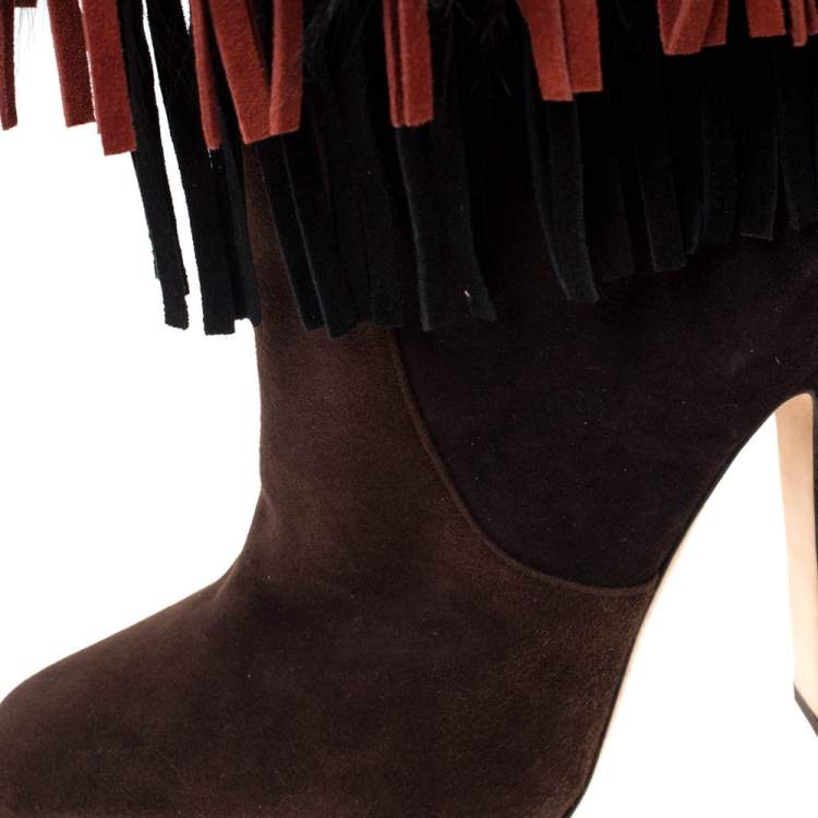 Pre Owned Jimmy Choo Brown Suede And Fox Fur Trimmed Dalia Knee High Boots Size 38.5