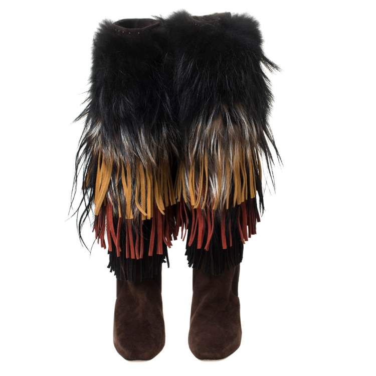 Pre Owned Jimmy Choo Brown Suede And Fox Fur Trimmed Dalia Knee High Boots Size 38.5