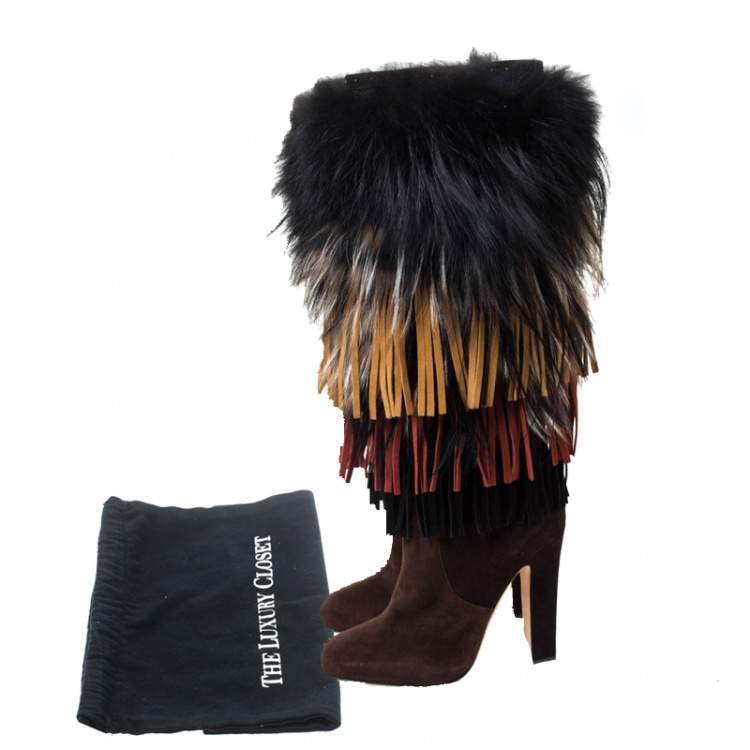 Pre Owned Jimmy Choo Brown Suede And Fox Fur Trimmed Dalia Knee High Boots Size 38.5