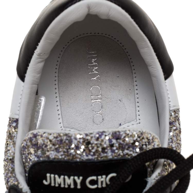 Pre Owned Jimmy Choo White/Sliver Leather And Glitter Raine Low Top Sneakers Size 38