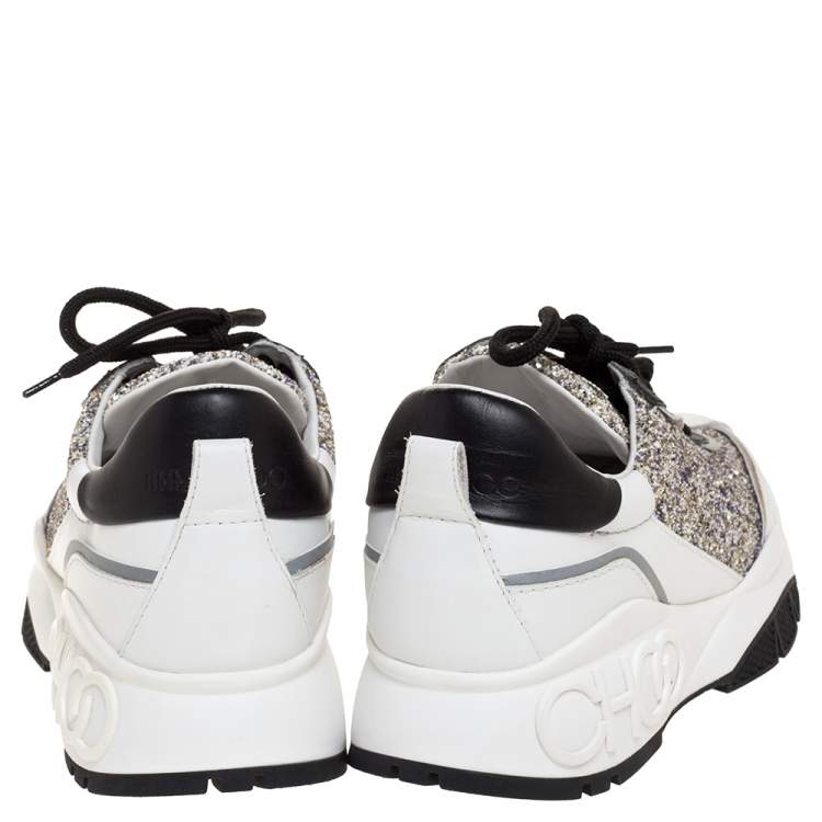 Pre Owned Jimmy Choo White/Sliver Leather And Glitter Raine Low Top Sneakers Size 38