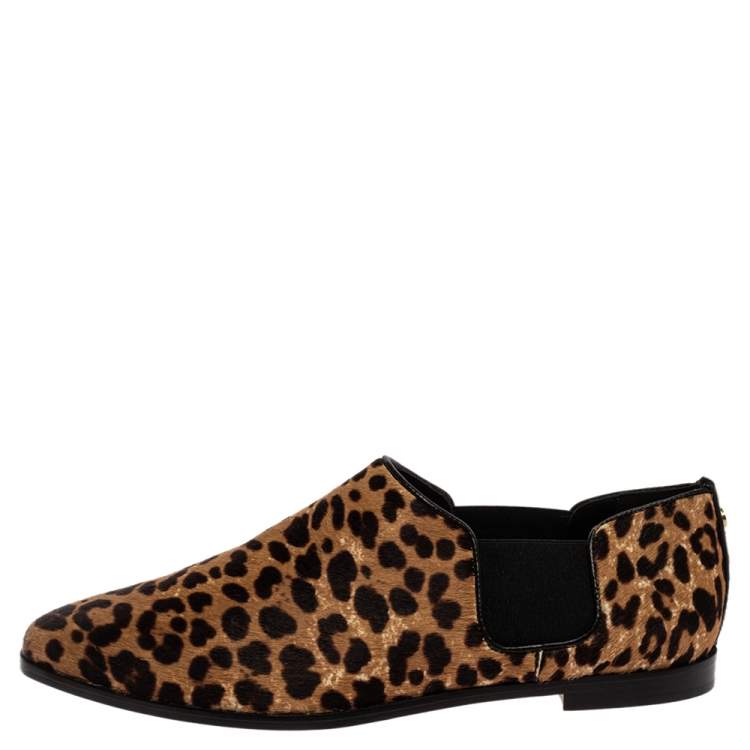 Pre Owned Jimmy Choo Leopard Print Calf Hair And Elastic 'Glint' Slip On Loafer Size 39