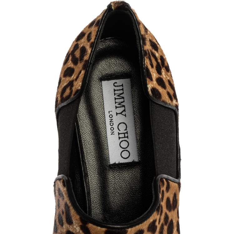 Pre Owned Jimmy Choo Leopard Print Calf Hair And Elastic 'Glint' Slip On Loafer Size 39