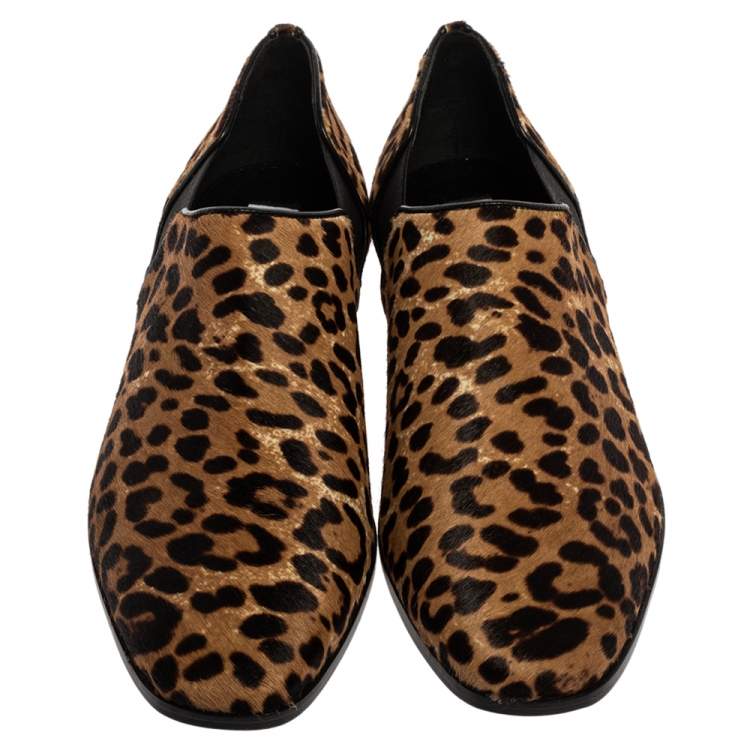 Pre Owned Jimmy Choo Leopard Print Calf Hair And Elastic 'Glint' Slip On Loafer Size 39