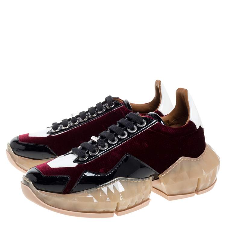 Pre Owned Jimmy Choo Tri Color Lizard Effect Velvet and Patent Leather Diamond/F Sneakers Size 36