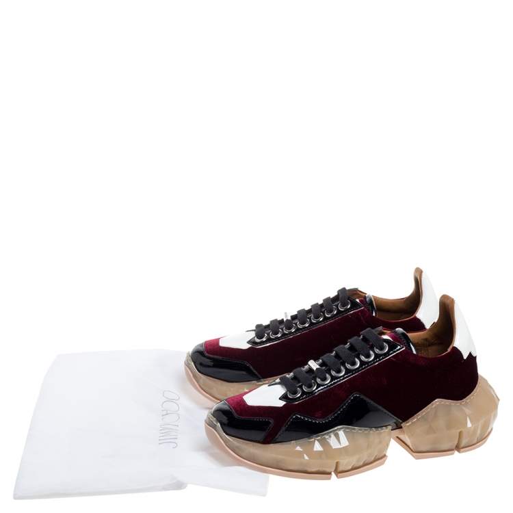 Pre Owned Jimmy Choo Tri Color Lizard Effect Velvet and Patent Leather Diamond/F Sneakers Size 36