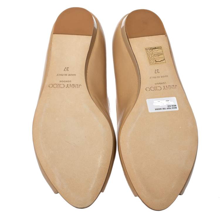 Pre Owned Jimmy Choo Beige Leather Peep Toe Flats 37