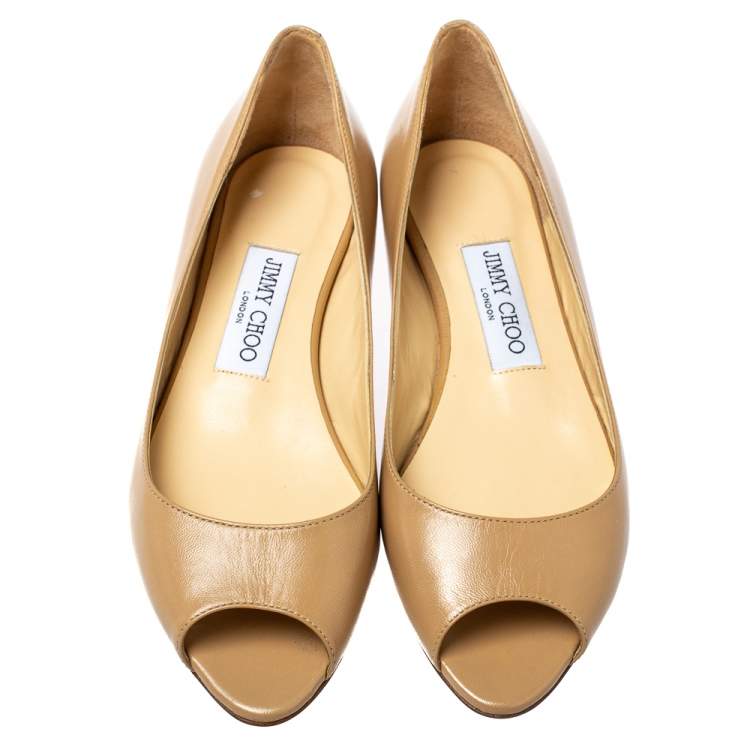 Pre Owned Jimmy Choo Beige Leather Peep Toe Flats 37