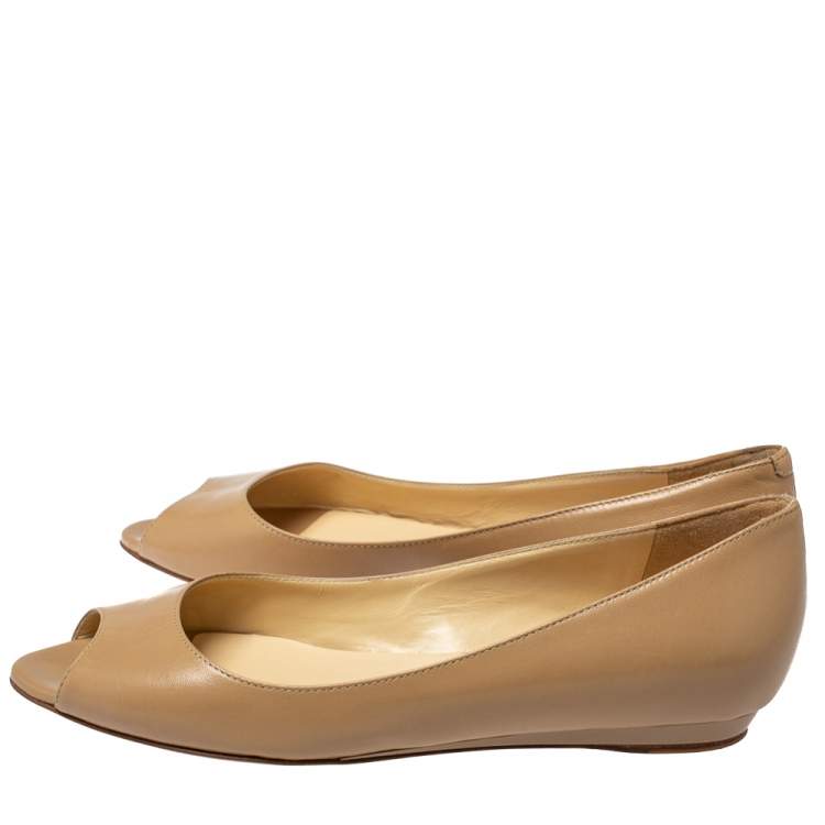 Pre Owned Jimmy Choo Beige Leather Peep Toe Flats 37