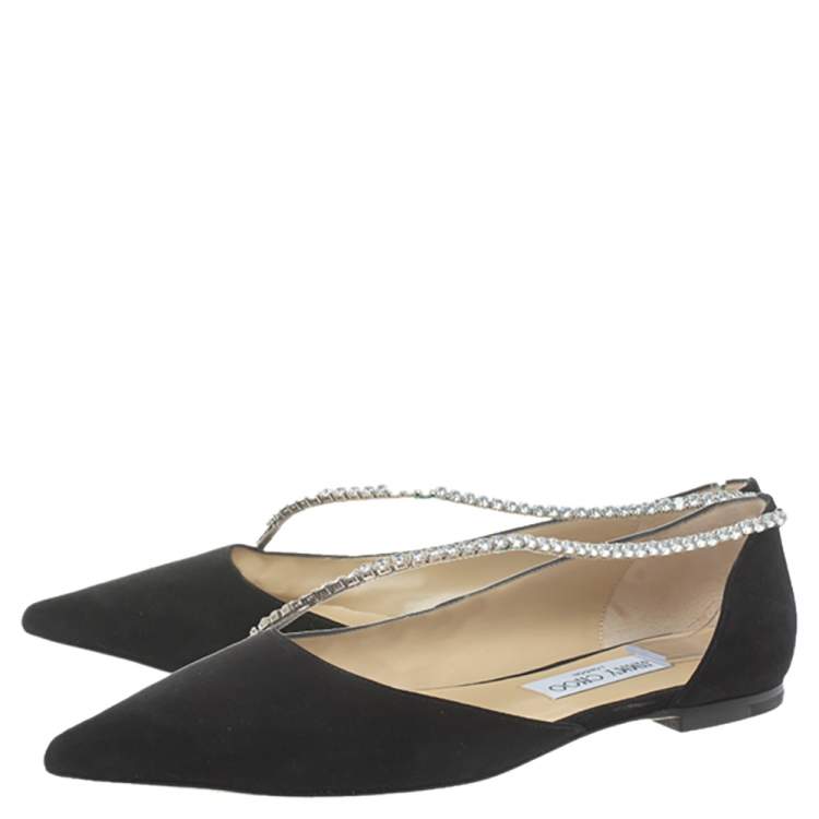 Pre Owned Jimmy Choo Black Suede Trude Crystal Embellished Pointed Toe Flats Size 39