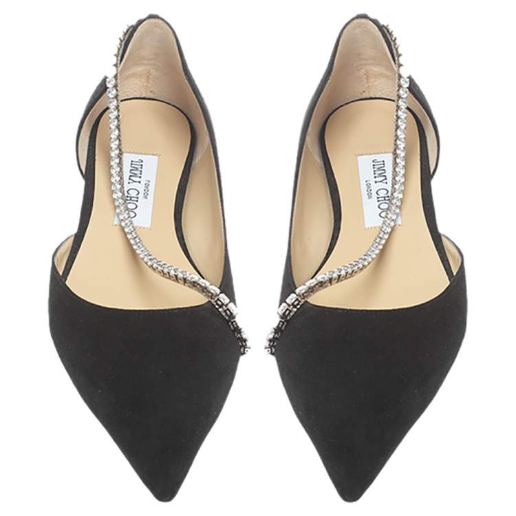 Pre Owned Jimmy Choo Black Suede Trude Crystal Embellished Pointed Toe Flats Size 39