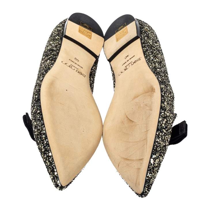 مملوكة مسبقًا Jimmy Choo Metallic Coarse Glitter Leather Gala Bow Ballet Flats Size 40