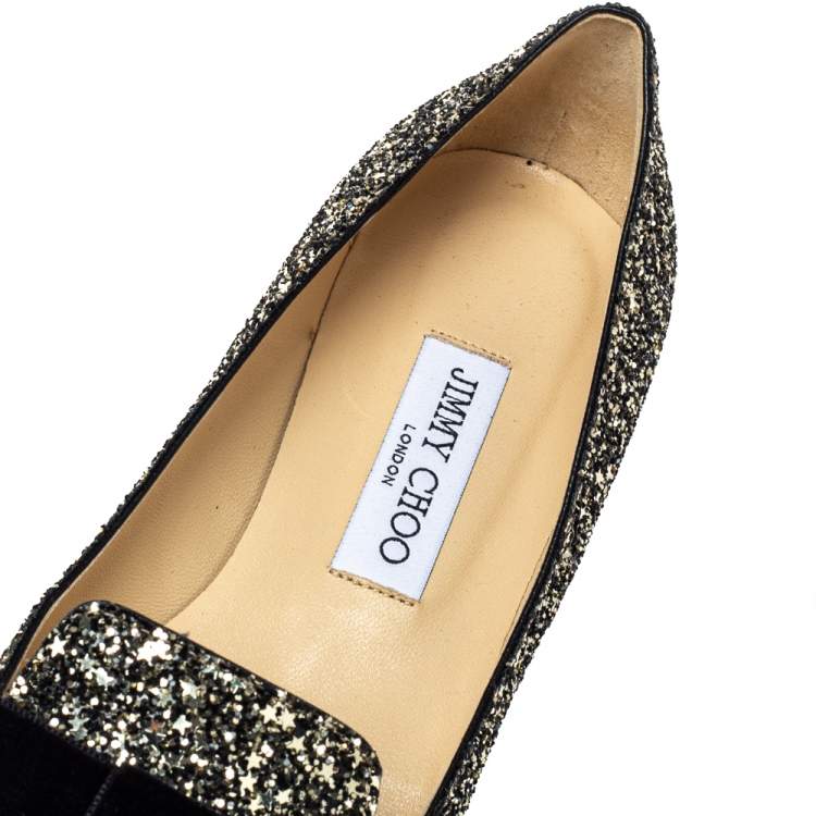 مملوكة مسبقً�ا Jimmy Choo Metallic Coarse Glitter Leather Gala Bow Ballet Flats Size 40