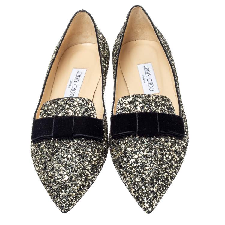 مملوكة مسبقًا Jimmy Choo Metallic Coarse Glitter Leather Gala Bow Ballet Flats Size 40