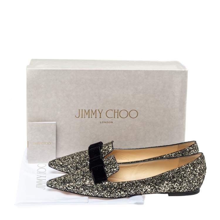مملوكة مسبقًا Jimmy Choo Metallic Coarse Glitter Leather Gala Bow Ballet Flats Size 40