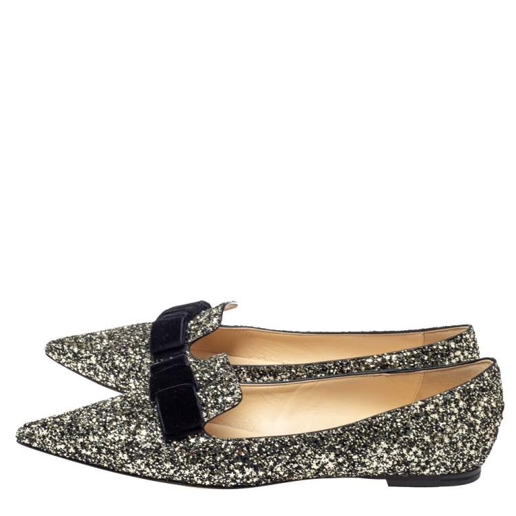 مملوكة مسبقًا Jimmy Choo Metallic Coarse Glitter Leather Gala Bow Ballet Flats Size 40