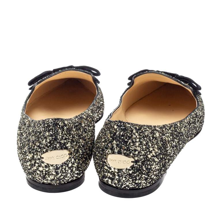 مملوكة مسبقًا Jimmy Choo Metallic Coarse Glitter Leather Gala Bow Ballet Flats Size 40