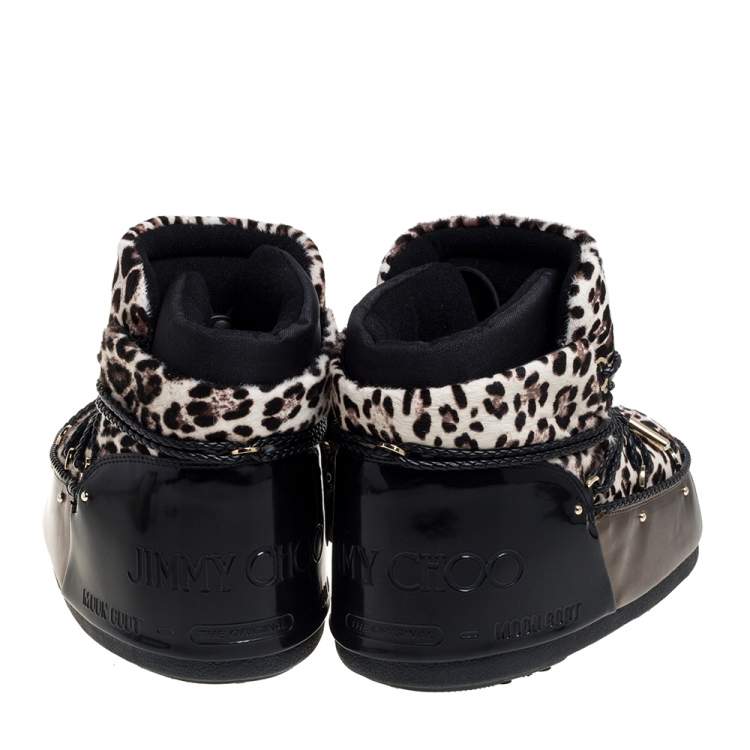 Pre Owned Jimmy Choo Leopard Print Calf Hair And Metallic Bronze Leather Moon Boots Size 41/42