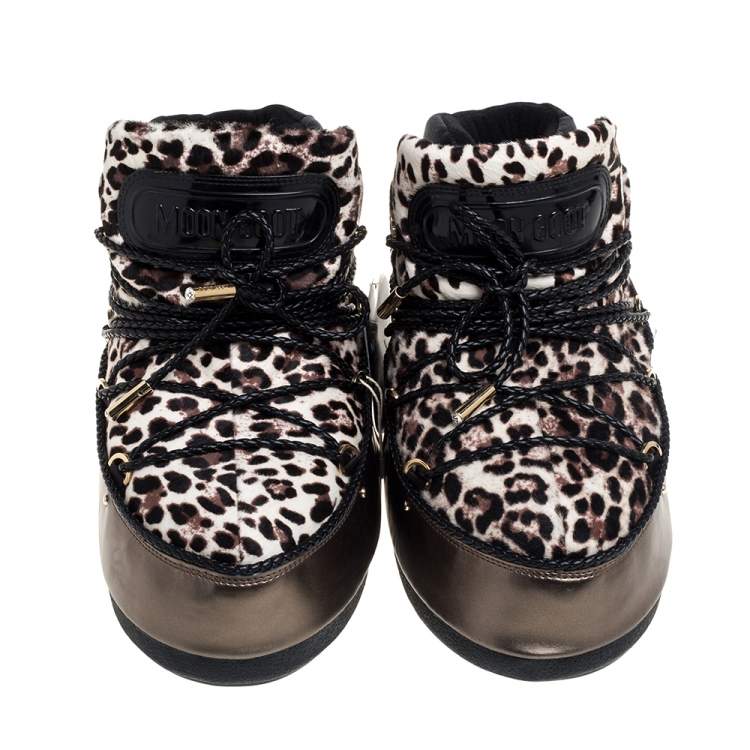 Pre Owned Jimmy Choo Leopard Print Calf Hair And Metallic Bronze Leather Moon Boots Size 41/42