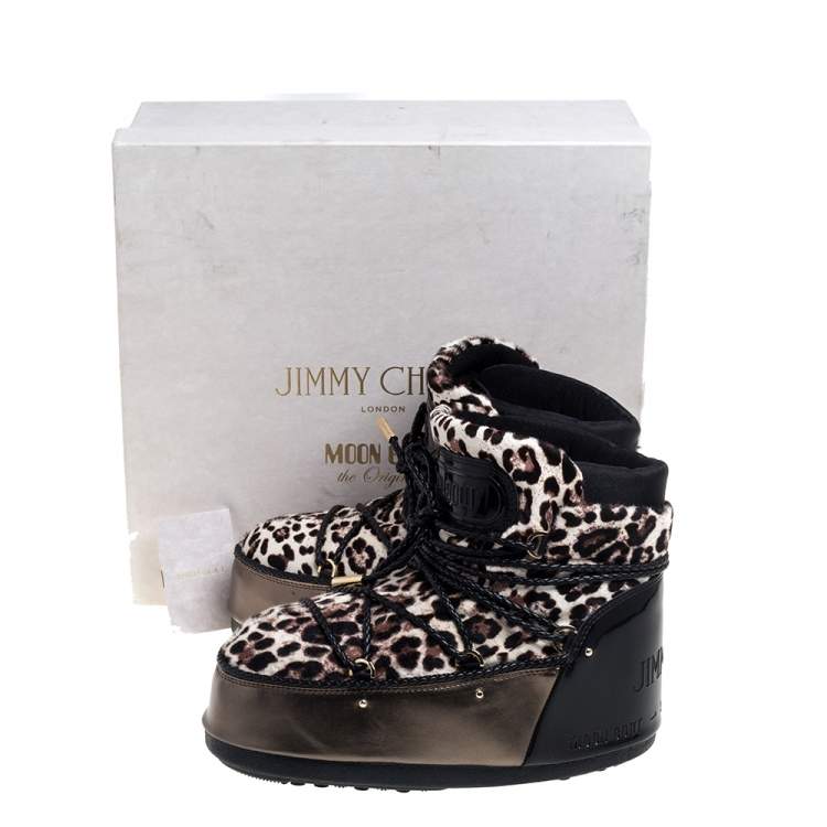 Pre Owned Jimmy Choo Leopard Print Calf Hair And Metallic Bronze Leather Moon Boots Size 41/42