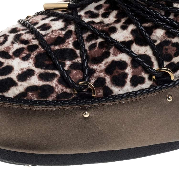 Pre Owned Jimmy Choo Leopard Print Calf Hair And Metallic Bronze Leather Moon Boots Size 41/42