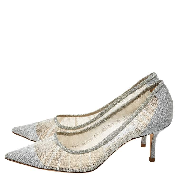 Pre Owned Jimmy Choo Silver Glitter Fabric and White Tulle Love Pointed Toe Pumps Size 36