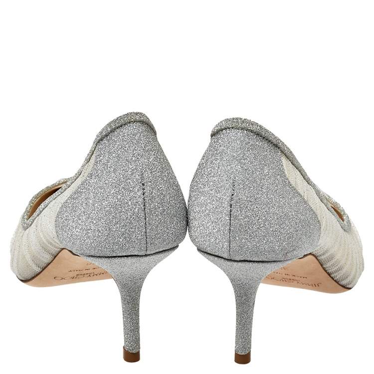 Pre Owned Jimmy Choo Silver Glitter Fabric and White Tulle Love Pointed Toe Pumps Size 36