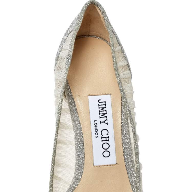Pre Owned Jimmy Choo Silver Glitter Fabric and White Tulle Love Pointed Toe Pumps Size 36