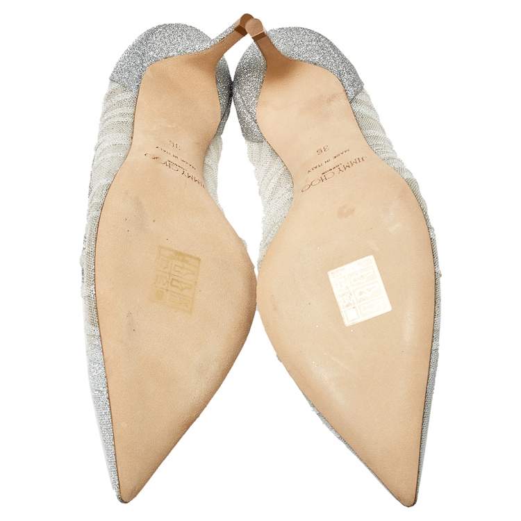 Pre Owned Jimmy Choo Silver Glitter Fabric and White Tulle Love Pointed Toe Pumps Size 36
