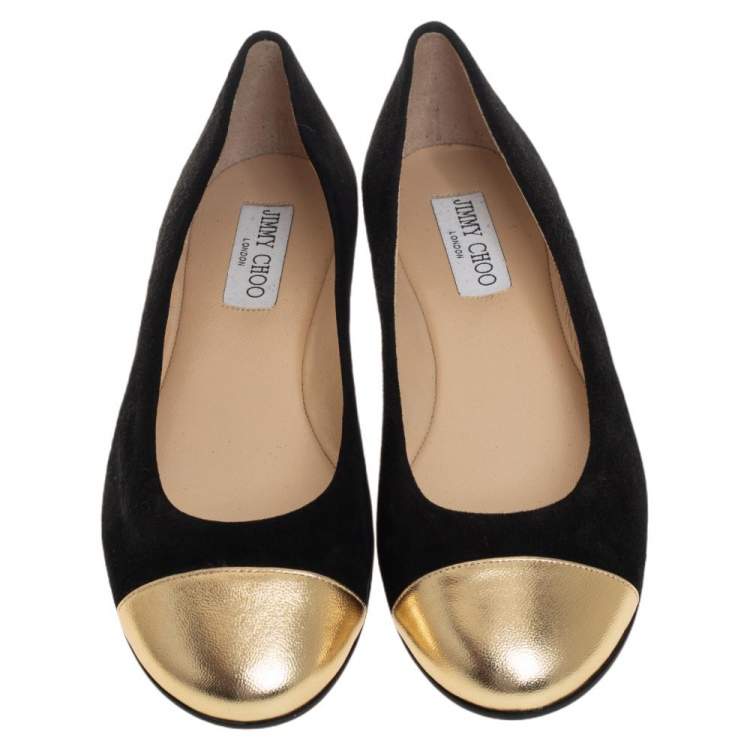 Pre Owned Jimmy Choo Black/Gold Suede And Leather Waine Embellished Cap Toe Ballet Flats Size 37.5
