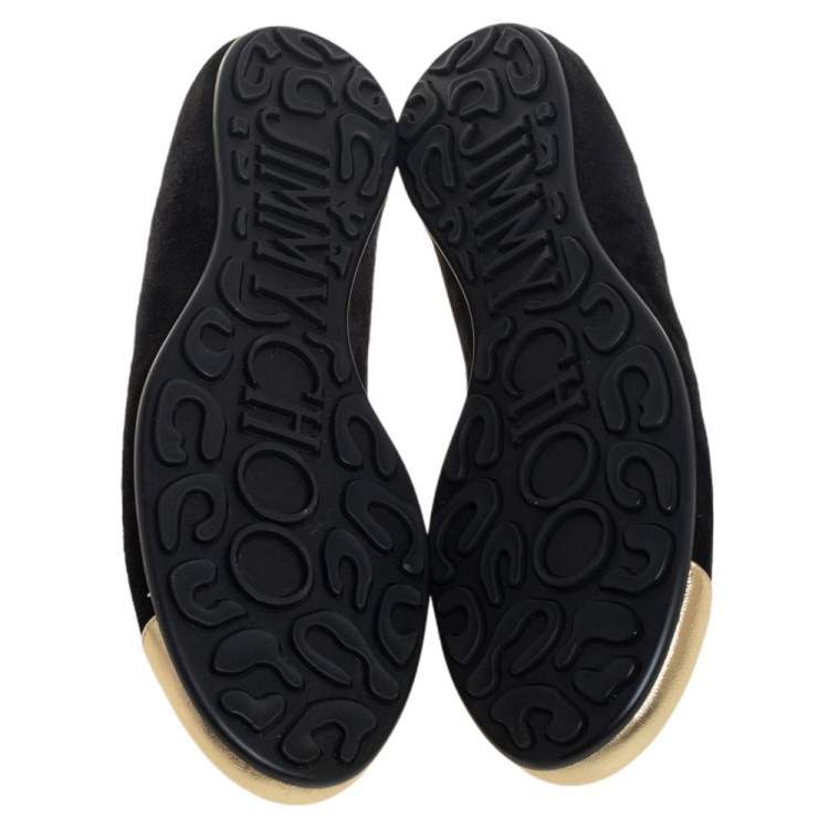 Pre Owned Jimmy Choo Black/Gold Suede And Leather Waine Embellished Cap Toe Ballet Flats Size 37.5