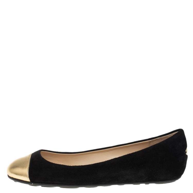 Pre Owned Jimmy Choo Black/Gold Suede And Leather Waine Embellished Cap Toe Ballet Flats Size 37.5