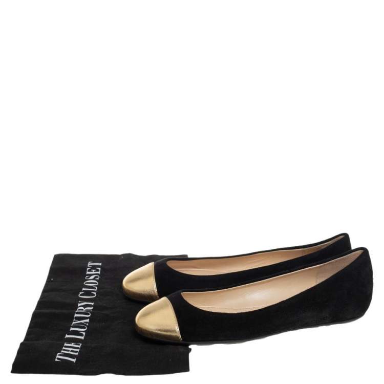 Pre Owned Jimmy Choo Black/Gold Suede And Leather Waine Embellished Cap Toe Ballet Flats Size 37.5
