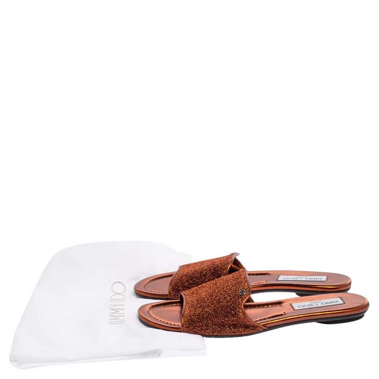Pre Owned Jimmy Choo Metallic Copper Coarse Glitter Nanda Flat Slides Size 39