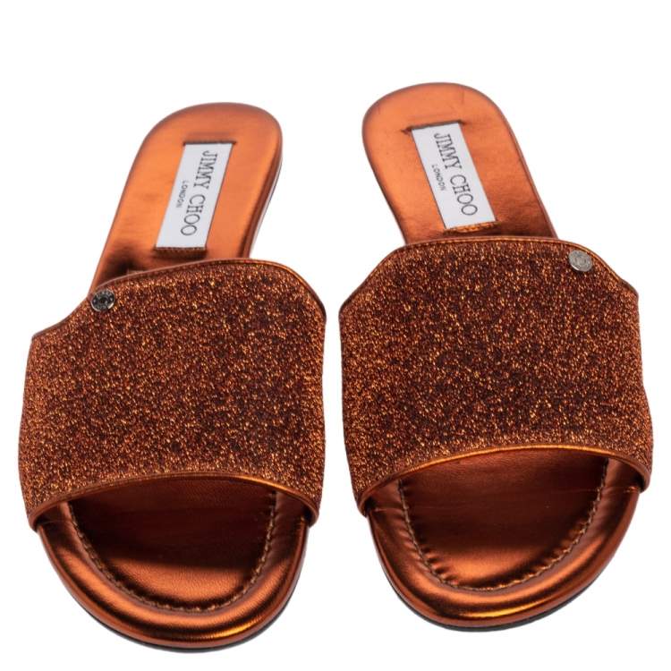 Pre Owned Jimmy Choo Metallic Copper Coarse Glitter Nanda Flat Slides Size 39
