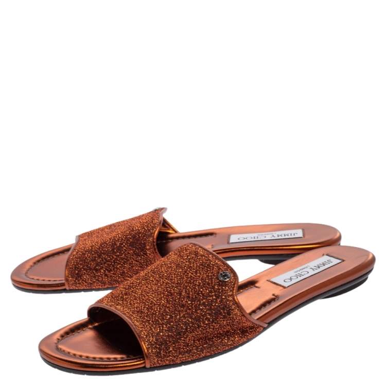 Pre Owned Jimmy Choo Metallic Copper Coarse Glitter Nanda Flat Slides Size 39