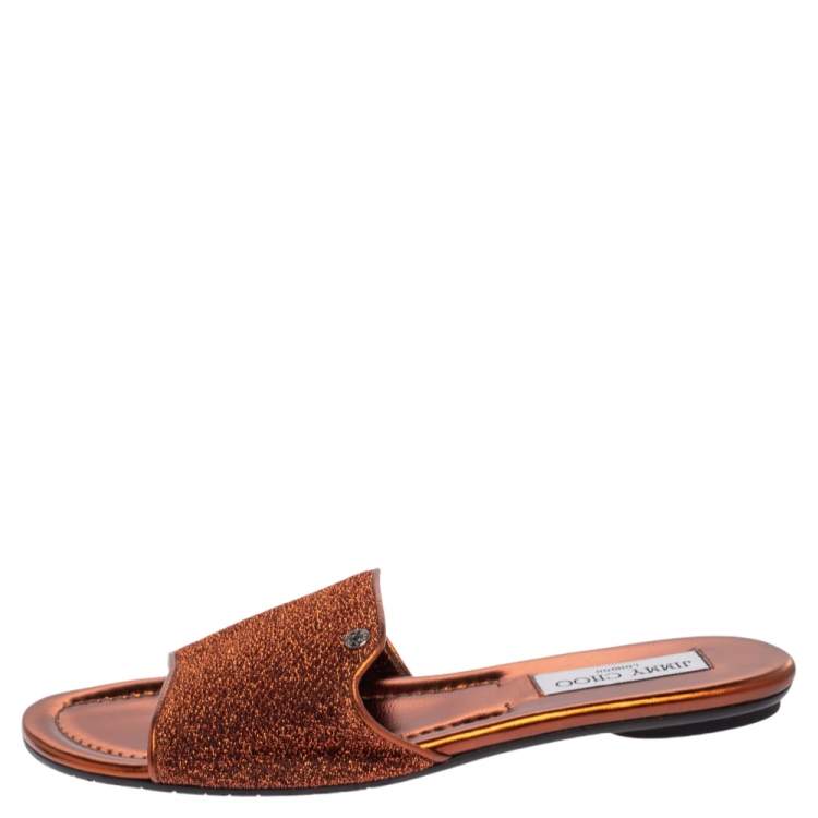 Pre Owned Jimmy Choo Metallic Copper Coarse Glitter Nanda Flat Slides Size 39