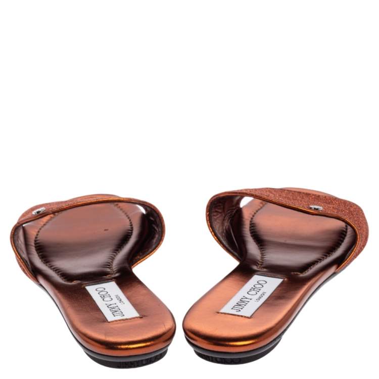 Pre Owned Jimmy Choo Metallic Copper Coarse Glitter Nanda Flat Slides Size 39