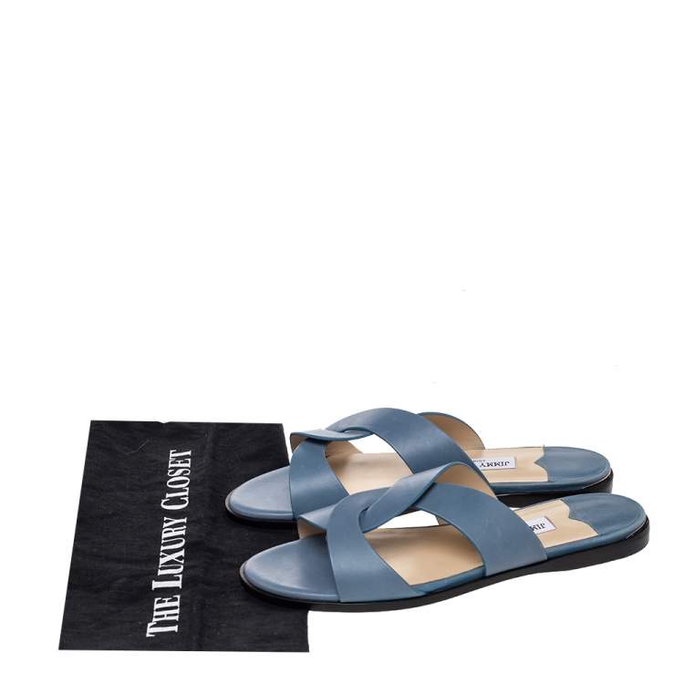 Pre Owned Jimmy Choo Blue Leather Atia Crossover Strap Flat Slides Size 40