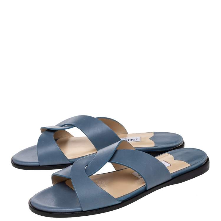 Pre Owned Jimmy Choo Blue Leather Atia Crossover Strap Flat Slides Size 40
